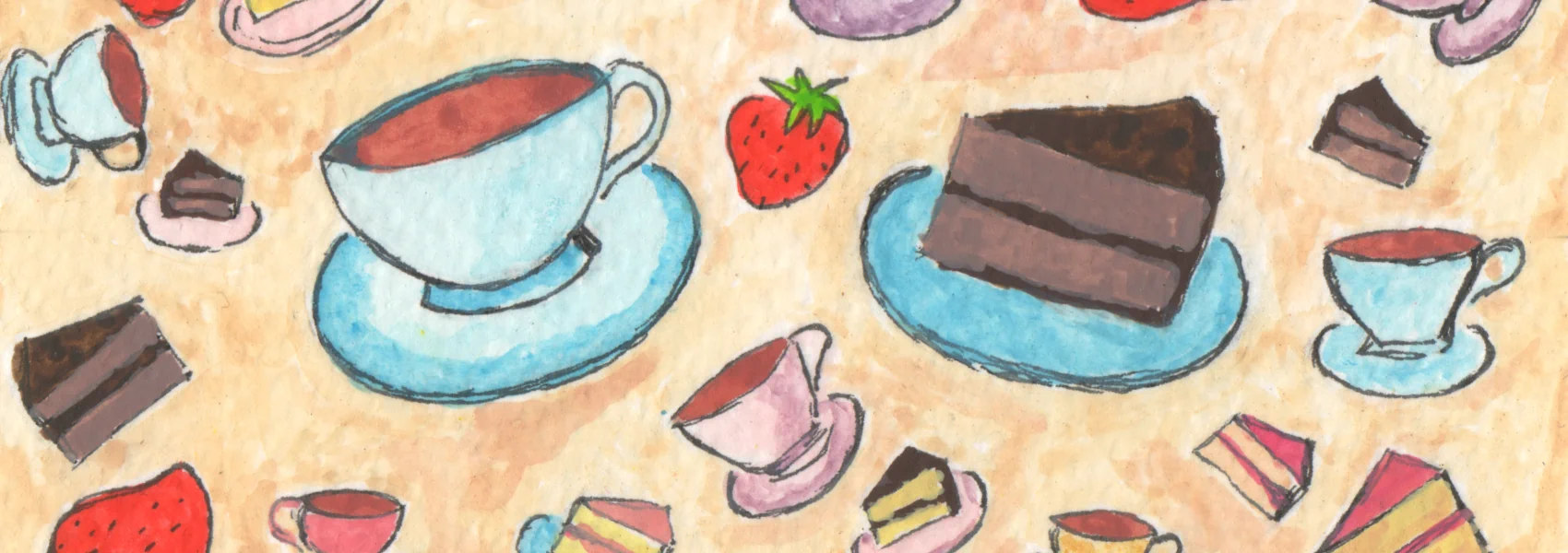 An ink and watercolor painting of a teacup and a slice of cake on a plate surrounded by many other smaller teacups and plates all around it, as well as several strawberries. The image is cropped from top and bottom. Own work 2024.