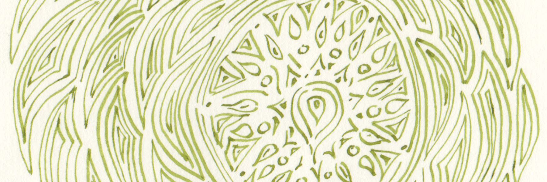 Green ink on paper drawing of abstract swirls.