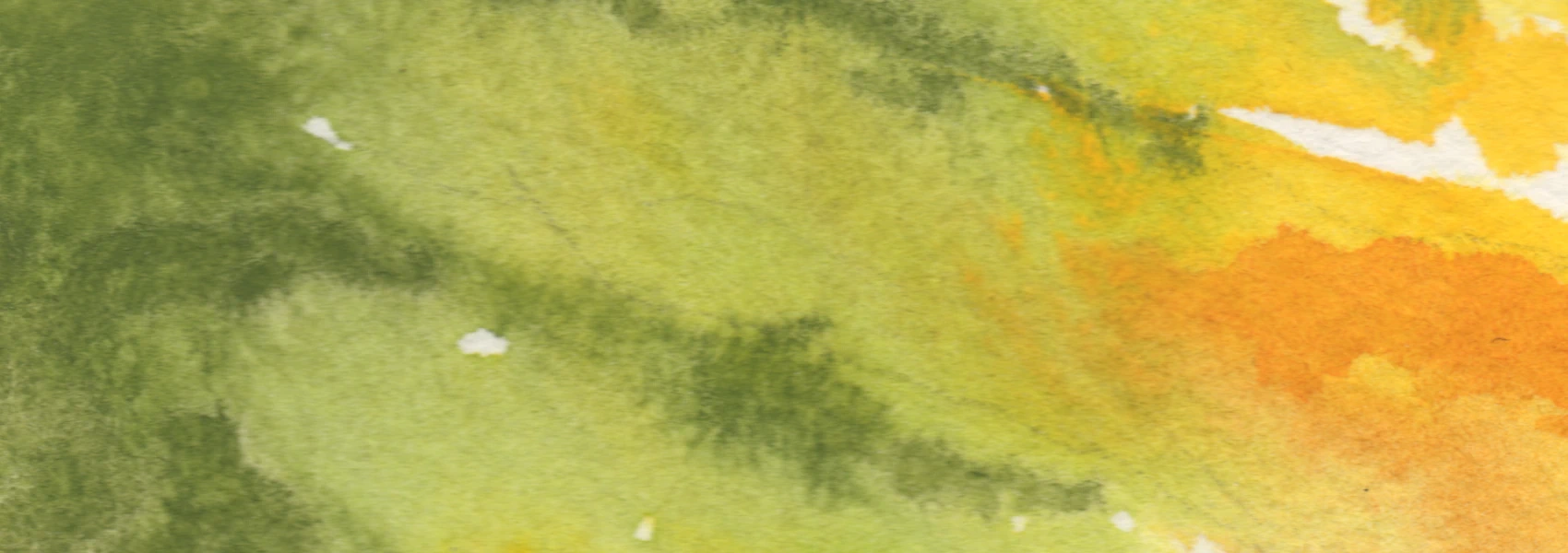 An extreme closeup of a watercolor painting of a gourd with bits of blurry green and orange.