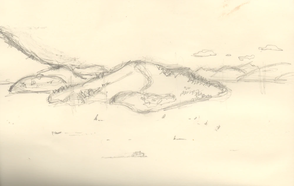 Pencil sketch of Angel Island with mountains behind