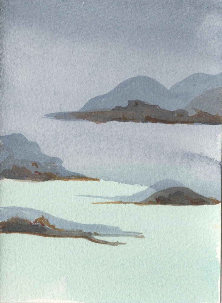 Watercolor painting of abstract islands, gray and blue