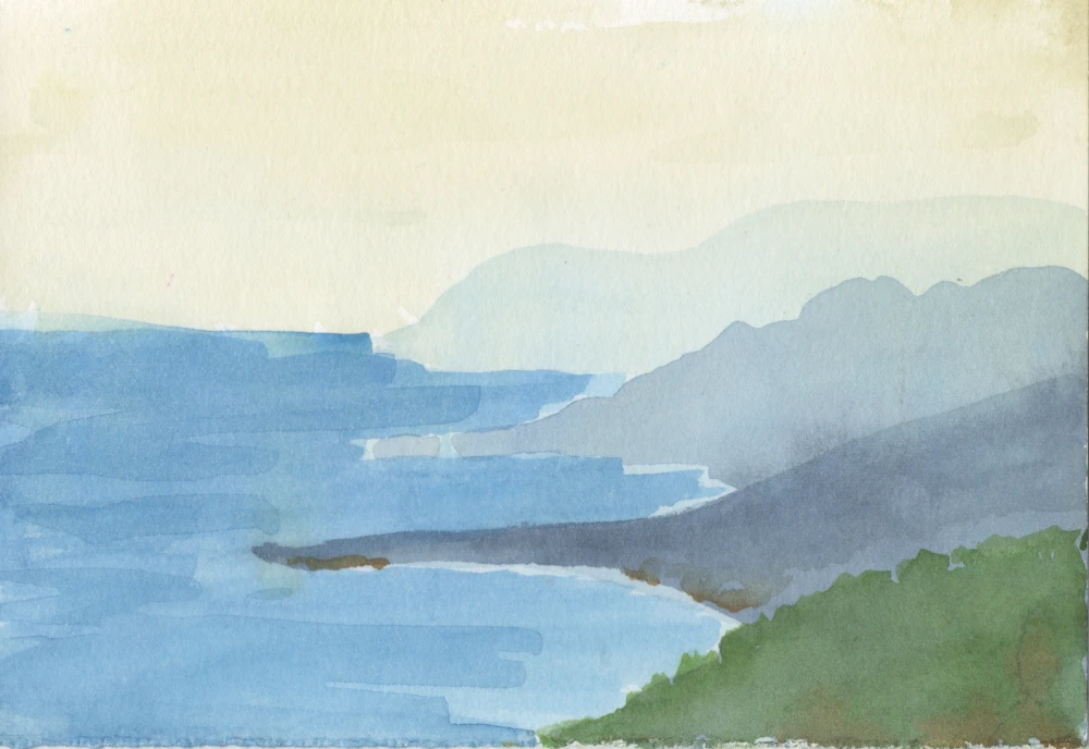 Watercolor painting of abstract headlands, shades of blue and one green