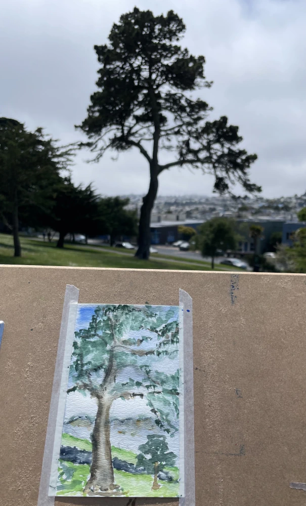 A watercolor sketch of a pine tree held up in front of the tree