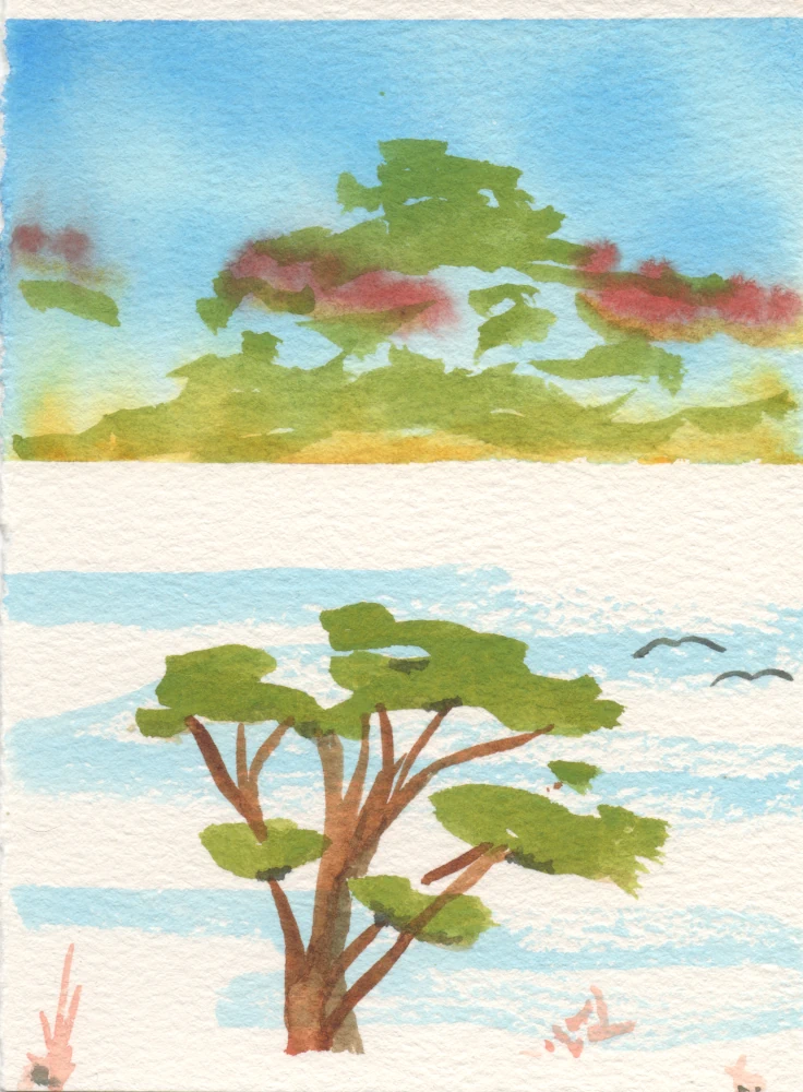 A watercolor sketch of a happy little tree