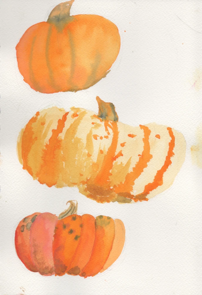 A watercolor painting of three orange pumpkins on a plain white background.
