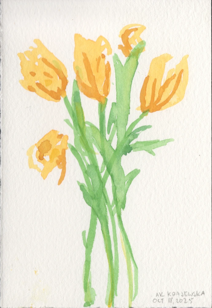 A watercolor painting of a bouquet of yellow tulips