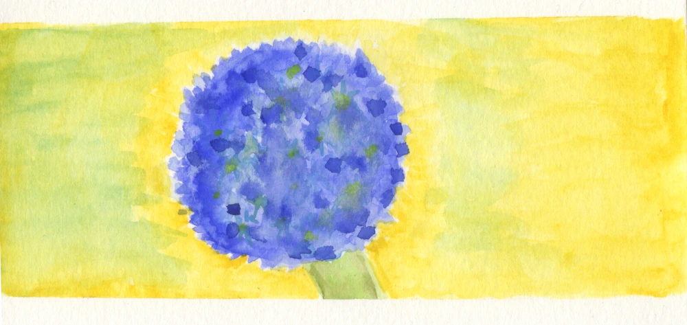 Watercolor painting of a blue orb blossom with only a little stem visible