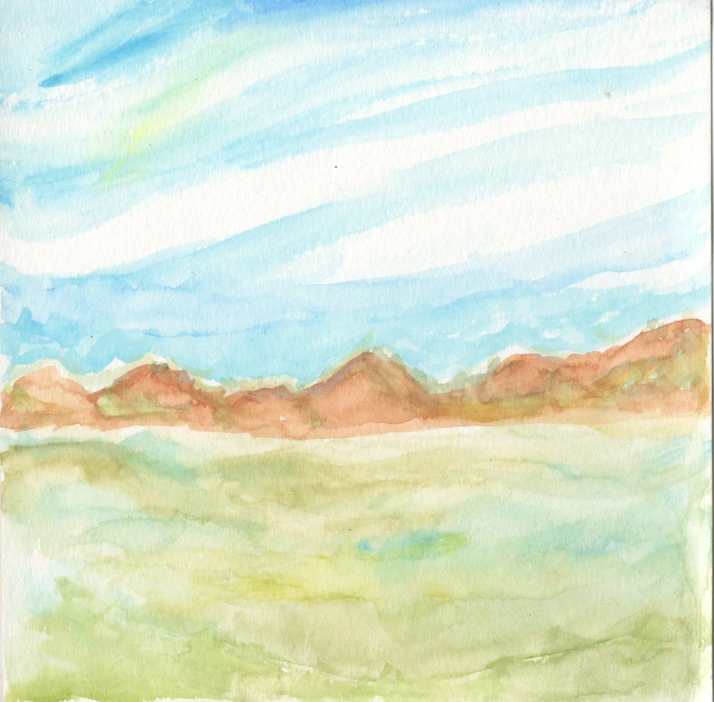 Watercolor painting of a sky with wispy clouds and a greenish ocean below