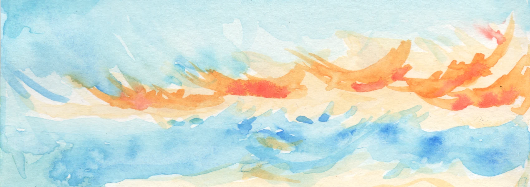 A watercolor painting of an orange cloud in a light blue sky, rather abstract.