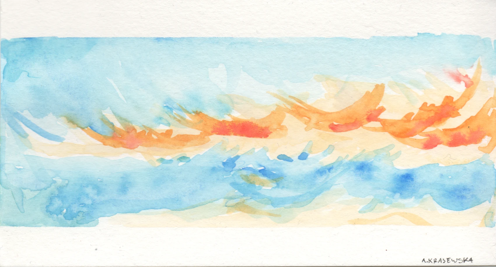 A watercolor painting of an orange cloud in a light blue sky, rather abstract.