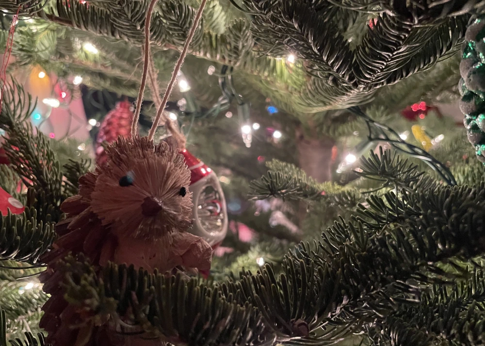 A whimsical hedgehog ornament nestled on a pine tree branch